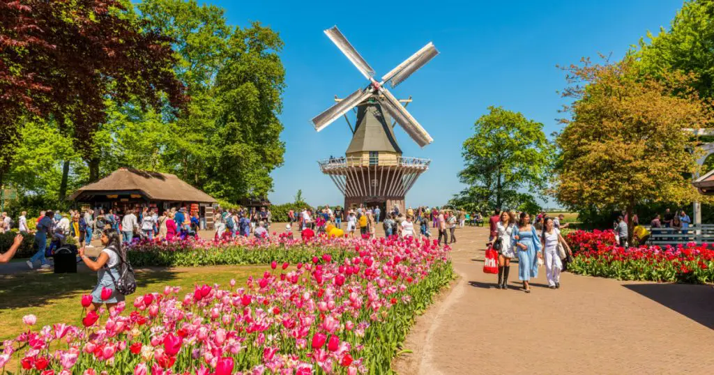 Lisse, The Netherlands - May 9, 2022: Windmill at the Keukenhof Gardens complex in Lisse, South Holland, The Netherlands on spring day. Keukenhof is one of the world's largest flower gardens.
