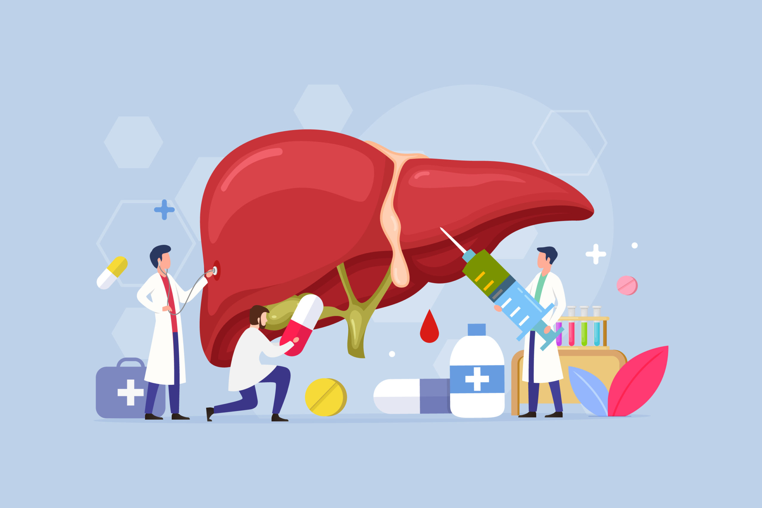 Liver inner organs disease treatment Modern process design concept with Tiny doctor Character people Vector Illustration