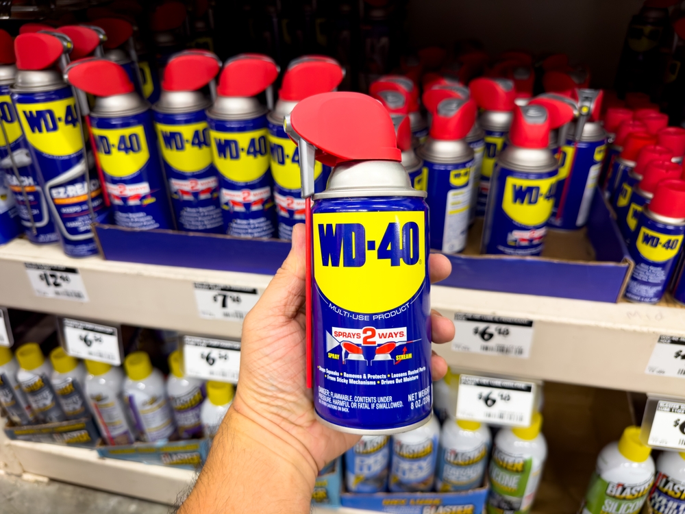 Los Angeles, California, United States - 09-30-2023: A view of a hand holding a can of WD-40, on display at a local retail store.