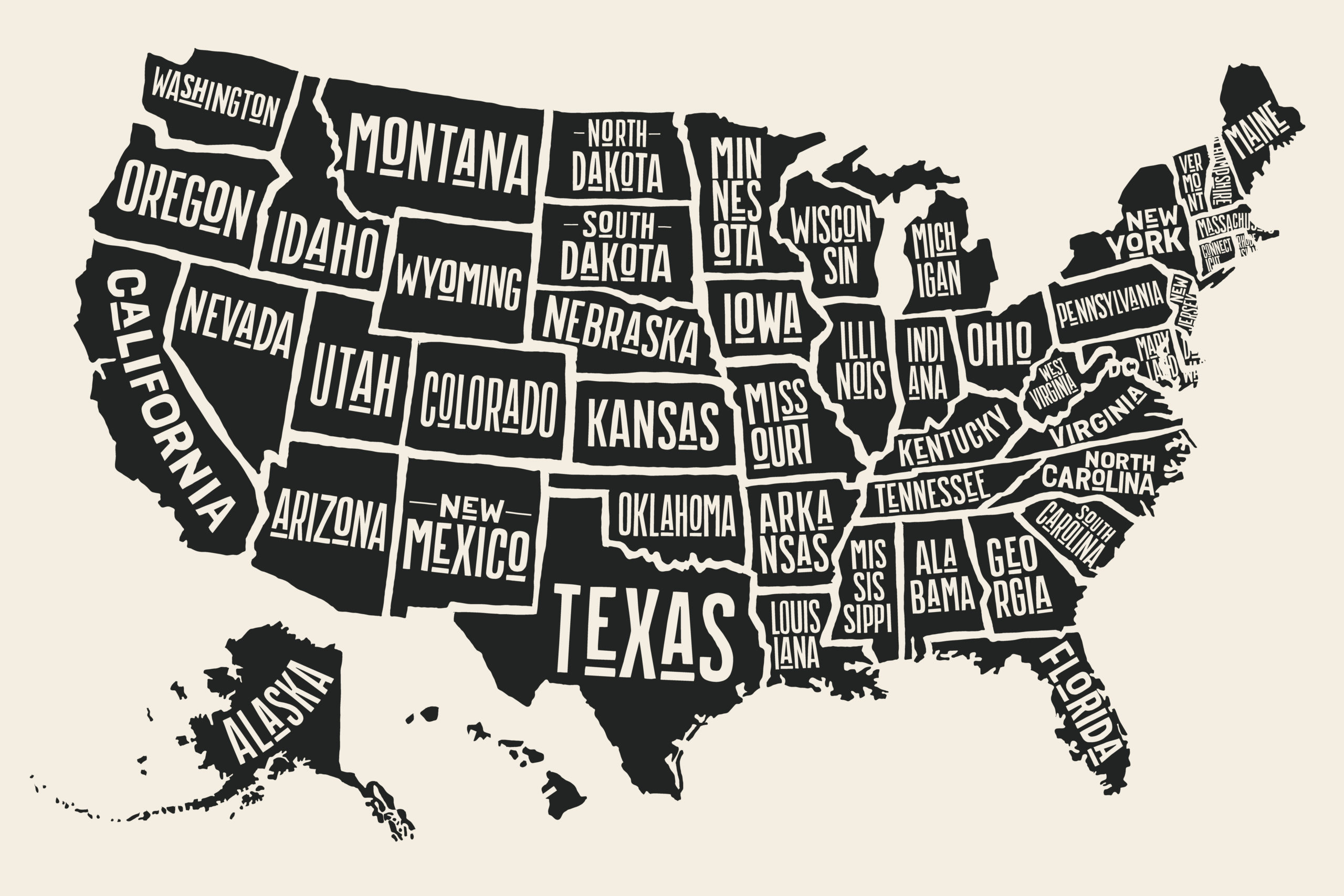 Poster map of United States of America with state names. Black and white print map of USA for t-shirt, poster or geographic themes. Hand-drawn black map with states. Vector Illustration
