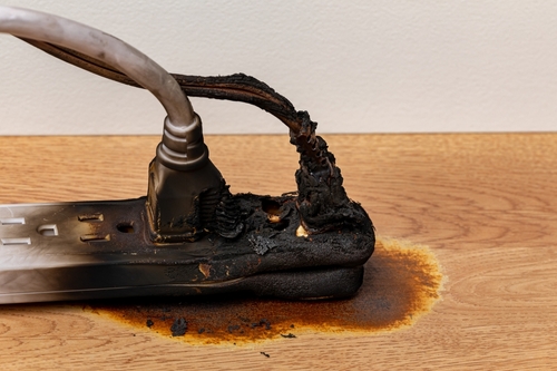 Electrical surge protector outlet and extension cord fire. Electricity safety, fire hazard and circuit overload concept.