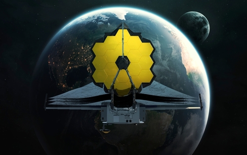Launch of the James Webb Telescope into deep space. JWST launch art. Elements of image provided by Nasa