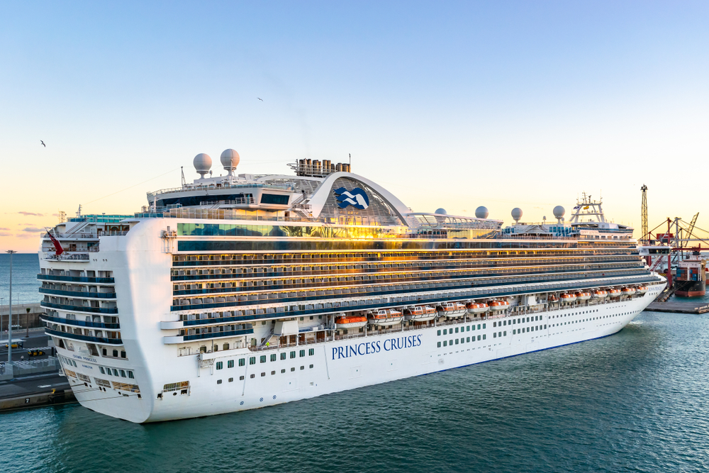 Barcelona, Spain - November 6, 2018: Crown Princess Cruise Ship docked at the Barcelona Cruise Port Terminal at sunset