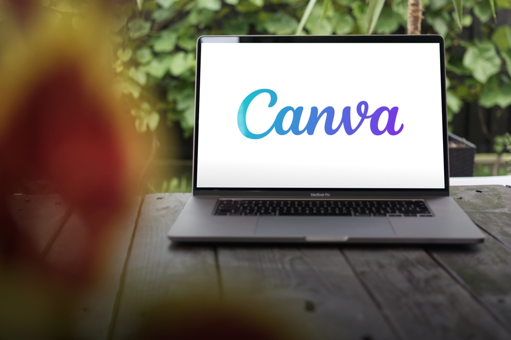 WROCLAW, POLAND - FEBRUARY 23, 2024:Canva logo, free online graphic design app for creating social media graphics and presentations, displayed on MacBook Pro screen