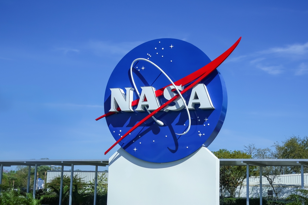 CAPE CANAVERAL, FLORIDA - February 28, 2024: NASA sign at the Kennedy Space Center Visitor Complex in Cape Canaveral, Florida.