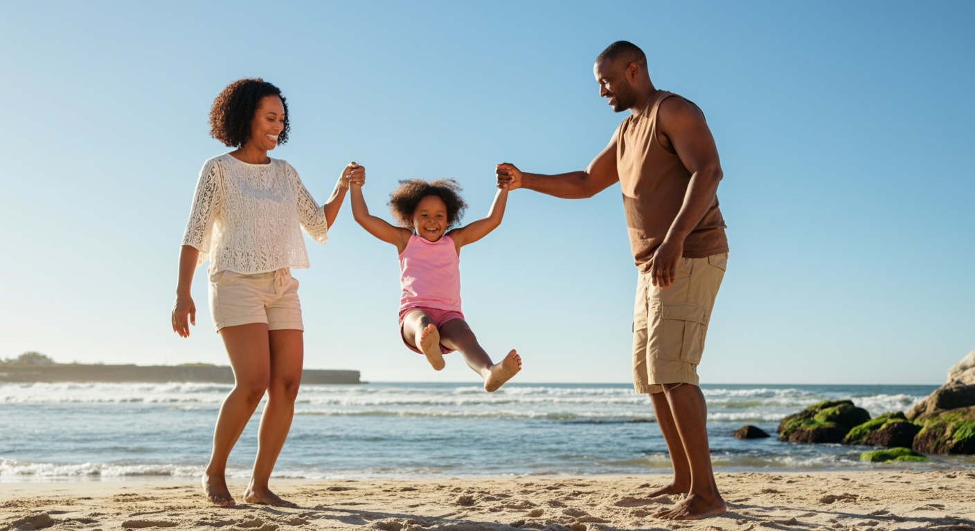photo of a joyful black american family moment captured on a sunny beach. The scene shows a mother, father, and young daughter. The mother, on the left, is wearing a light, lacy white top and shorts, and the father, on the right, is in a brown sleeveless