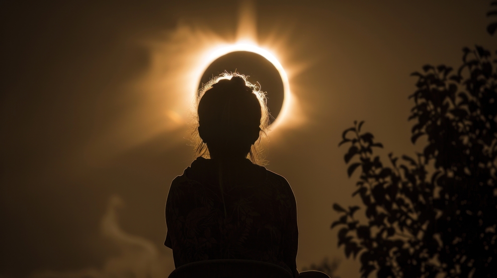 silhouette of person looking at the sight of a solar eclipse, rear view