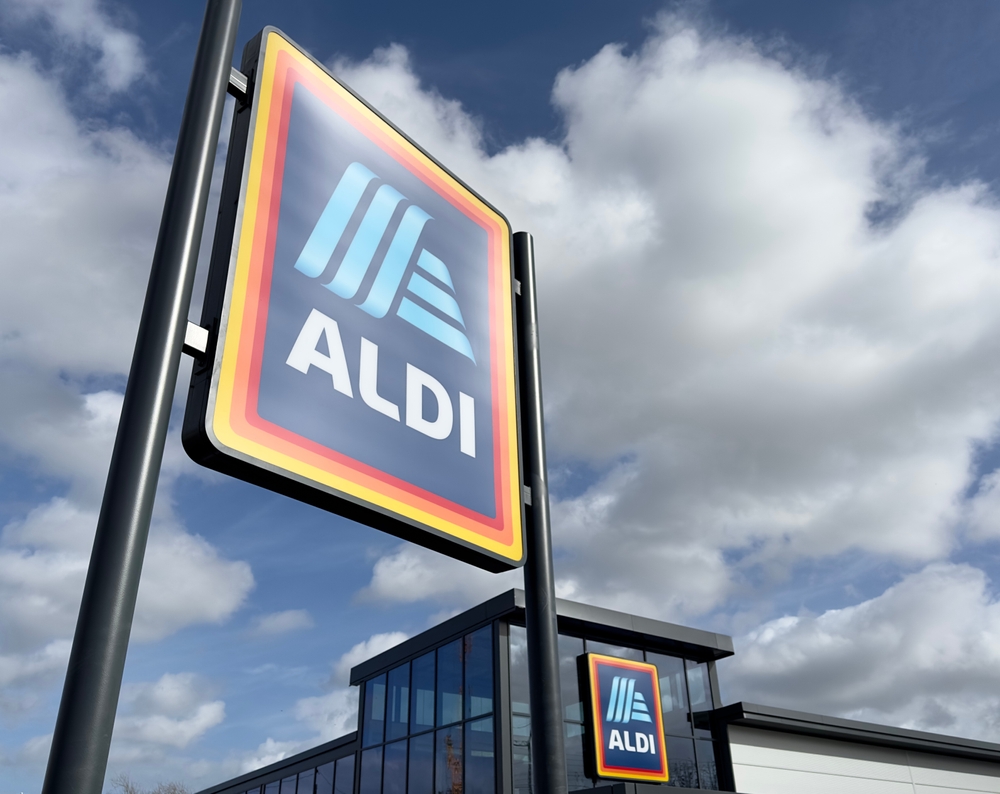 Wickford, UK - March 15, 2024: Aldi supermarket sign outside a store in Wickford, Essex, UK.